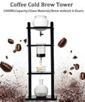 Premium Pine Wood And Glass Cold Brew Drip Coffee Maker 1000ml Slow Ice Tower System For Kitchen Or Office with brewing process details.