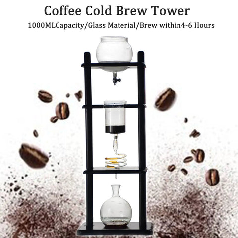 Premium Pine Wood And Glass Cold Brew Drip Coffee Maker 1000ml Slow Ice Tower System For Kitchen Or Office with brewing process details.