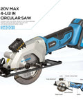 Front view of G LAXIA cordless circular saw, 4-1/2 in blade, blue body, 20V max, laser guide