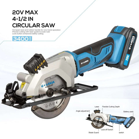 Front view of G LAXIA cordless circular saw, 4-1/2 in blade, blue body, 20V max, laser guide