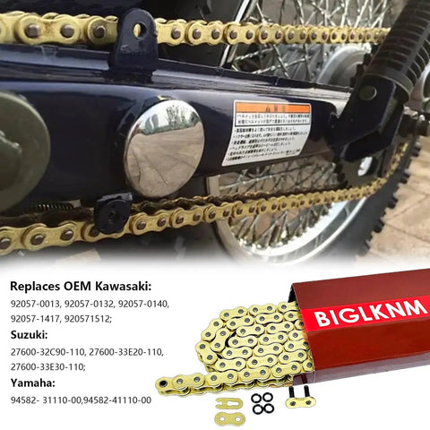 525 XRing Motorcycle Chain 110 Links With Master Link Gold Finish installed on a bike sprocket close-up view