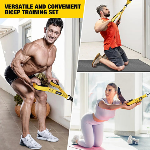 People using Resistance Bands Set With Handles And Door Anchor For Home Gym Workouts Strength Training For Arms Back Chest