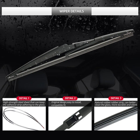 Mazda CX5 Rear Wiper Arm And Blade Set Replacement 2013 To 2025 shown with close-up details of durable rubber blade and high-strength steel.
