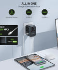 GaN 45W Universal Travel Adapter With PD and QC Fast Charging, Two USB A Ports and Three USB C Ports in use on a desk.