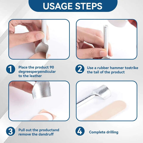 Usage steps for Nine Piece Half Round Leather Punch Set From 10mm To 50mm for DIY leather craft projects, showing punching process.