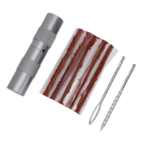 Essential Roadside Tire Repair Kit For Cars And Bikes Capsule Style Puncture Plug Tool with sealed capsule, plug strips, and tools.