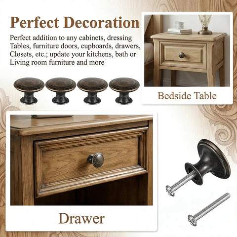 Antique Brass Cabinet Knobs Set on bedside table and drawer, showcasing 6 Pack Round Drawer Knobs For Wardrobe And Closet Doors