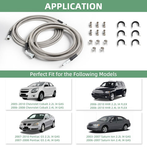 Fuel Line Kit for Chevy Cobalt HHR Pontiac G5 and Saturn Ion 2.2L and 2.4L, Upgraded Stainless Steel Braided Fuel Line Replacement shown with vehicle compatibility chart