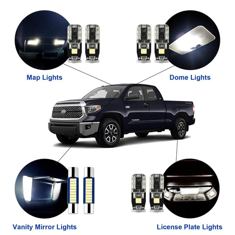 Lit 6000K White LED Interior Light Kit With Install Tool For Toyota Tundra 2007 To 2021, highlighting map, dome, vanity, license lights.