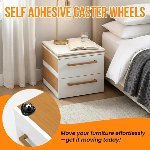 Heavy Duty Swivel Caster Wheels With Rock Solid Adhesive Tape For Quick Hook Up Smooth 360 Degree Spin on nightstand. 40 mm size.