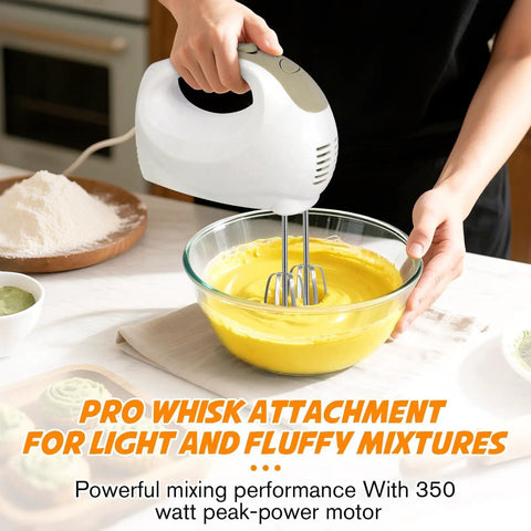 Top Shelf 5 Speed Electric Hand Mixer With Five Heavy Duty Stainless Steel Whisks And A Workhorse 120 Watt Motor For Killing It On Every Bake And Piping Smooth Frosting No Sweat In Classic White mixing batter in a glass bowl.