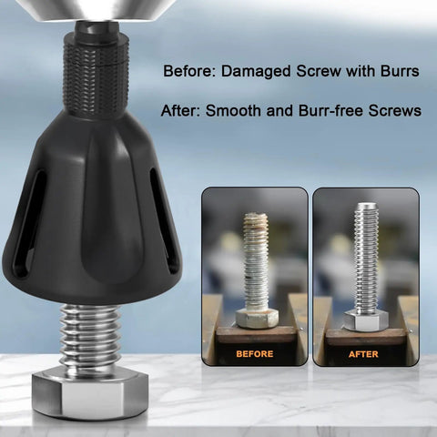 Pro Grade Deburring External Chamfer Tool With Tungsten Carbide Blades shown repairing bolt threads