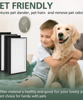 Boy hugging dog with Two Pack A2 Replacement Filter For Filtrete Room Purifiers FAP-C02-A2, emphasizing pet-friendly feature.