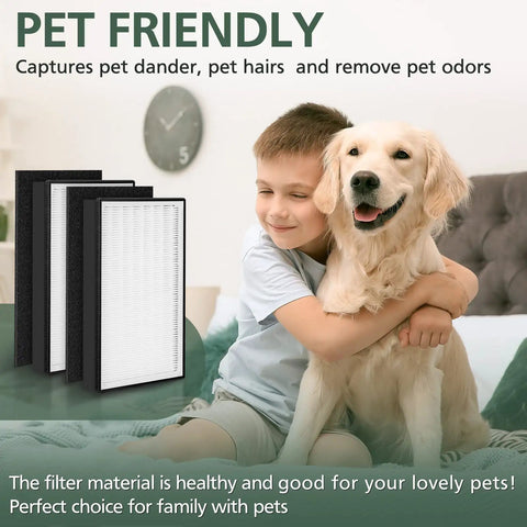 Boy hugging dog with Two Pack A2 Replacement Filter For Filtrete Room Purifiers FAP-C02-A2, emphasizing pet-friendly feature.