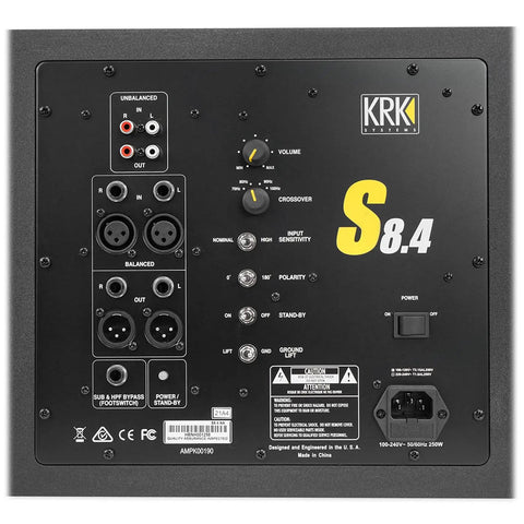 Rear panel controls of Eight Inch S8 Four Generation Four Powered Studio Subwoofer With A 109 Watt Class D Amp Delivers Bass To 30Hz Max SPL 112 dB Front Firing Port Curved Enclosure For Easy Placement Footswitch Control For Sub And Crossover Footswitch Not Included.