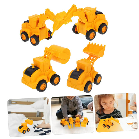 4 Pack Adorable Construction Truck Set With Realistic Front End Loader Models shown in bright yellow plastic for imaginative play
