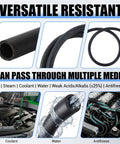 Collage showing 5/8 Inch ID Heater Hose, 50 Foot EPDM Rubber Black Hose, versatile resistant to multiple media, including coolant and antifreeze