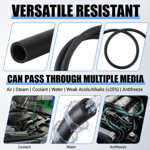 Collage showing 5/8 Inch ID Heater Hose, 50 Foot EPDM Rubber Black Hose, versatile resistant to multiple media, including coolant and antifreeze