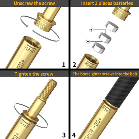 Step-by-step guide for inserting batteries into Red Laser Crossbow Bore Sight With Batteries, Easy Thread-On Red Dot Boresighter.