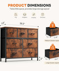 Dimensions and details of 7 Drawer Dresser With Fabric Bins, Space Saving Storage Tower Organizer For Bedroom Closet Hallway Entryway, Steel Frame With Wood Top, Rustic Brown Chest Of Drawers.