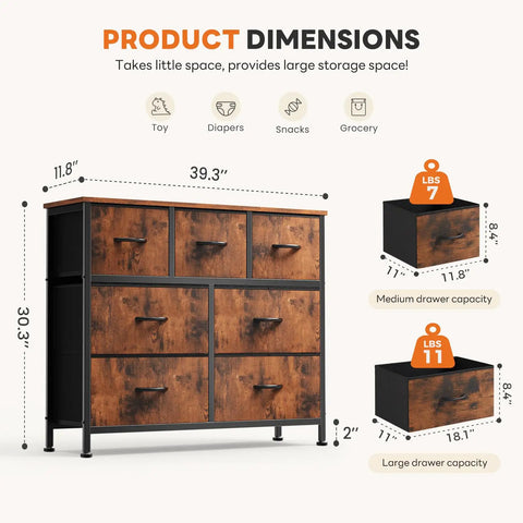 Dimensions and details of 7 Drawer Dresser With Fabric Bins, Space Saving Storage Tower Organizer For Bedroom Closet Hallway Entryway, Steel Frame With Wood Top, Rustic Brown Chest Of Drawers.