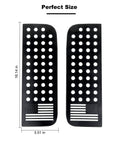 US Flag Aluminum Alloy Rear Door Window Decal Kit For Jeep Wrangler JL Unlimited 4 Door 2018 2019 2020 2021 2022 2023 2024 And Gladiator JT Glass Trim Panel Plus Dope Durable Weatherproof Car Exterior Decor Accessory side view showing decal size and flag design