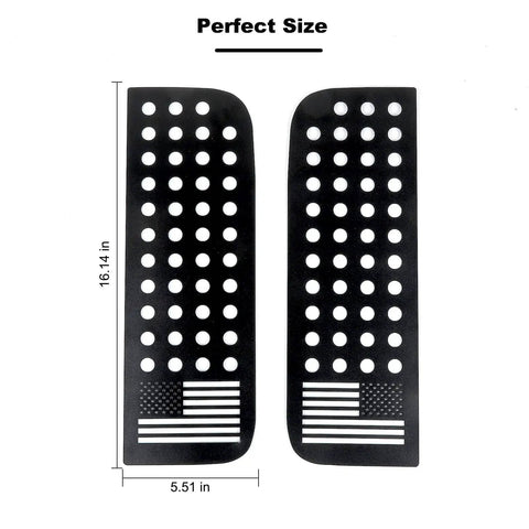 US Flag Aluminum Alloy Rear Door Window Decal Kit For Jeep Wrangler JL Unlimited 4 Door 2018 2019 2020 2021 2022 2023 2024 And Gladiator JT Glass Trim Panel Plus Dope Durable Weatherproof Car Exterior Decor Accessory side view showing decal size and flag design