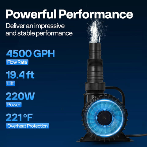 VIVOHOME 220W submersible water pump with blue LED ring; 4500 GPH, koi pond/fountain use, front view