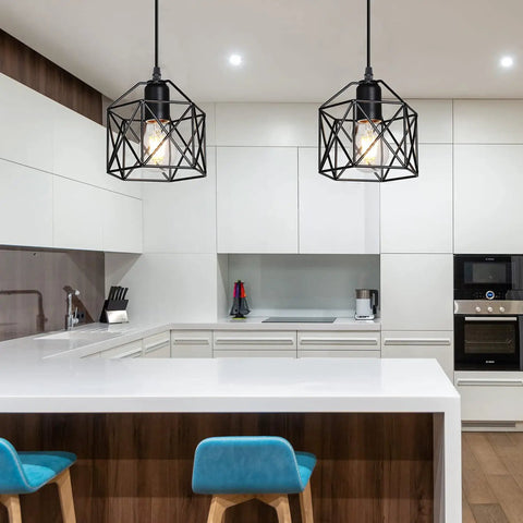 Kitchen with Vintage Industrial Basket Cage Pendant Light 1 Light With Metal Cage For Kitchen Island Dining Room Hallway Bar Restaurant And Hotel Interiors Retro Rustic Farmhouse Ceiling Lighting Fixture illuminating white countertop.