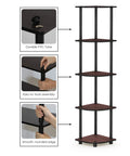 Space Saving Corner Shelf With Five Tiers For Living Room Or Home Office In Dark Cherry Finish with assembly details.