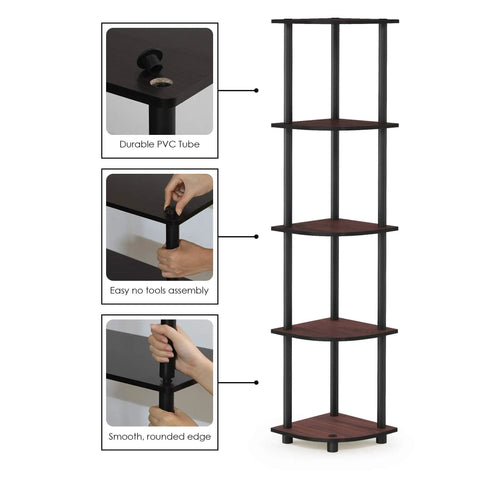 Space Saving Corner Shelf With Five Tiers For Living Room Or Home Office In Dark Cherry Finish with assembly details.