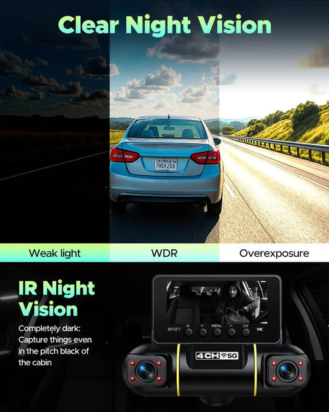 360 Degree View 4 Channel Dash Cam For Cars With Front Rear Left And Right Coverage 5G WiFi App Control 8 IR Night Vision
