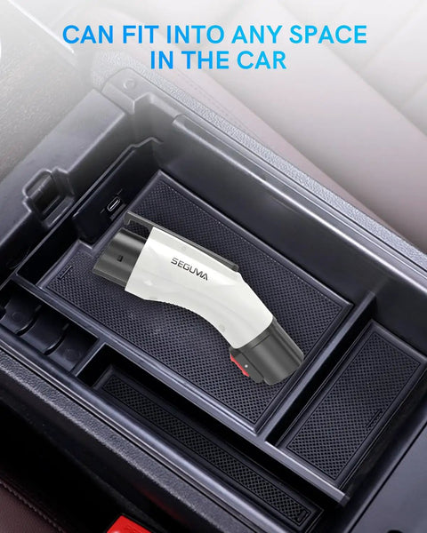 Tesla J1772 EV Charger Adapter Up To 60A 250V IP65 Weatherproof NACS To J1772 Converter shown in car storage compartment