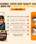 New Orleans Style Cold Brew Kit With Chicory Pouches And 100 Percent Arabica Ground Coffee, packaging and benefits shown.