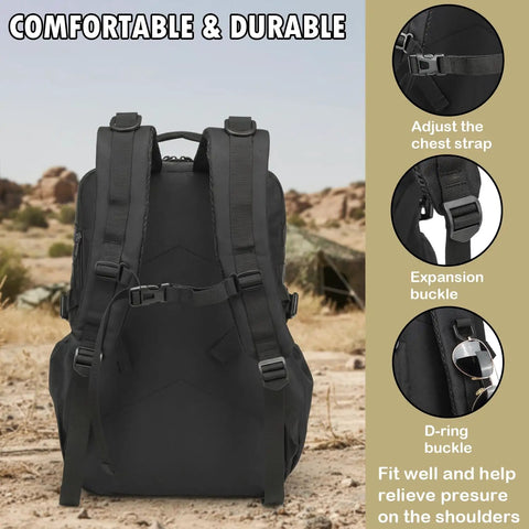 Back view of Rugged Military Tactical Backpack For Men With MOLLE Webbing, Heavy Duty design, showing straps and buckles.
