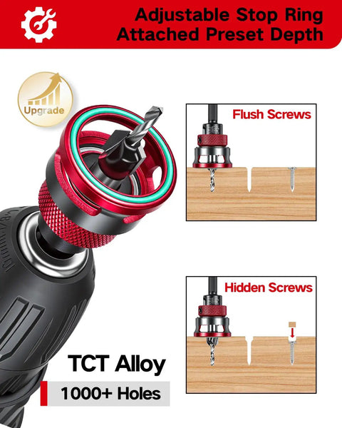 9 Piece Countersink Drill Bits Set With 82 Degree Countersinks showing adjustable depth stop collar and screw seating.