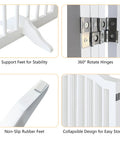 Rock Solid Freestanding Pet Gate With Quick Rollout Four Panel Dog Safety Fence Heavy Duty Crafted Barriers For Roomy Doorways And Stairwells No Sweat Assembly In Crisp White features support feet, 360° hinges, non-slip rubber feet, and collapsible design.