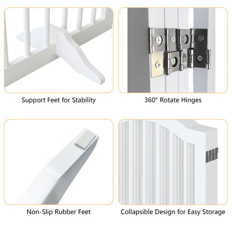 Rock Solid Freestanding Pet Gate With Quick Rollout Four Panel Dog Safety Fence Heavy Duty Crafted Barriers For Roomy Doorways And Stairwells No Sweat Assembly In Crisp White features support feet, 360° hinges, non-slip rubber feet, and collapsible design.