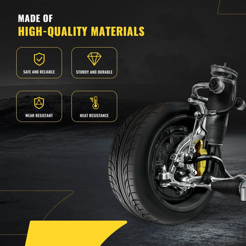 Front wheel and suspension assembly with control arm and tie rods; banner reads high-quality materials.