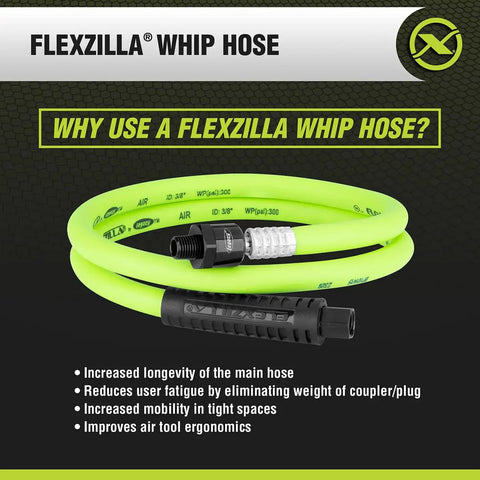 Flexzilla whip hose in bright green, connected ends displayed, coiled with text promoting flexibility and longevity.