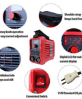 Portable 110V 250A Arc Stick Welder Inverter with IGBT, lightweight 3.6 lbs, showing LCD, switch, knob, and plug details.