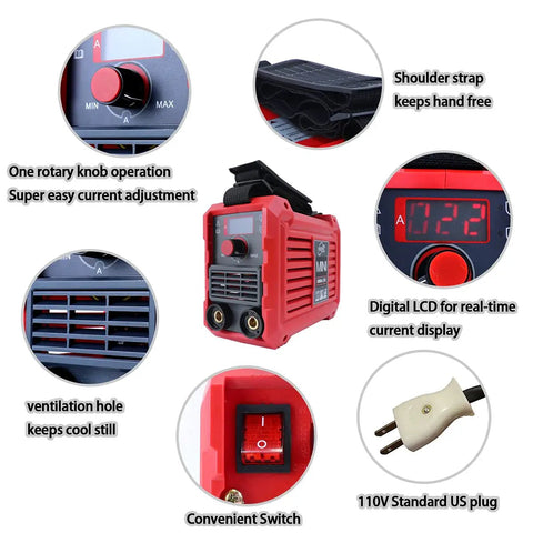 Portable 110V 250A Arc Stick Welder Inverter with IGBT, lightweight 3.6 lbs, showing LCD, switch, knob, and plug details.