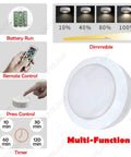 Image of multi-function remote control wall light showing battery operation, dimmable settings, and timer options.
