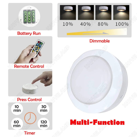 Image of multi-function remote control wall light showing battery operation, dimmable settings, and timer options.