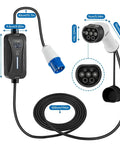 Level 2 Portable EV Charger 7.2kW 32A 1 Phase Adjustable Current 5M Cable With T1 Adapter Compact Black dimensions labeled
