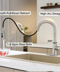 Smooth Operator Brushed Nickel Kitchen Faucet With Pull Down Sprayer Providing Three Versatile Flow Settings And A Flexible Swivel Spout For No Sweat Cleaning, featuring a high arc design and 23.62 inch pull-down hose.
