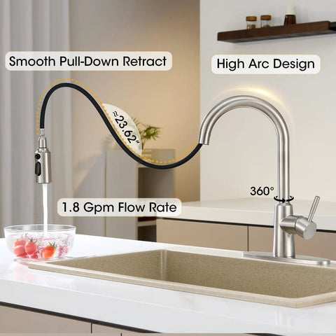 Smooth Operator Brushed Nickel Kitchen Faucet With Pull Down Sprayer Providing Three Versatile Flow Settings And A Flexible Swivel Spout For No Sweat Cleaning, featuring a high arc design and 23.62 inch pull-down hose.