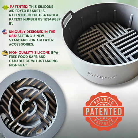 Sturdy Silicone Air Fryer Liners For 5 To 8 Qt Baskets, reusable liner with grill shaped bottom for crispy food and easy cleanup, patented