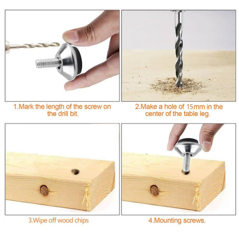 M6 Screw In Adjustable Furniture Levelers 16 Pcs Stainless Steel Swivel Table Glides installation steps, drilling and mounting process.