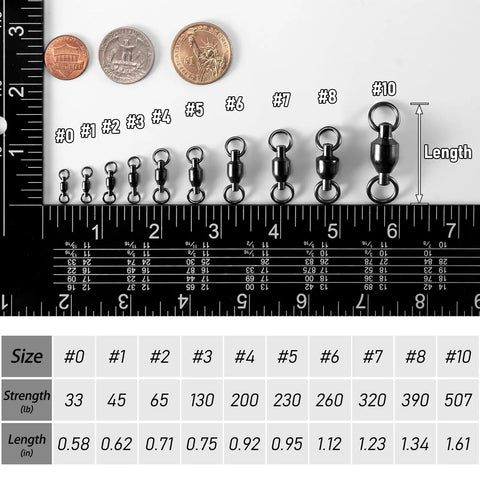 30 Pack Ball Bearing Swivels For Fishing Tackle Heavy Duty Stainless Steel Welded Rings Barrel Swivel Hook Line Connector With Black Nickel Coating Saltwater And Freshwater Ready Size 0 Twist Free 360 Degree Rotation, size chart